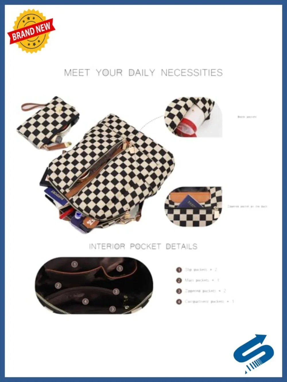 Women's Checkered Leather Backpack with Wallet and Cherry Charm, Multi-Pocket